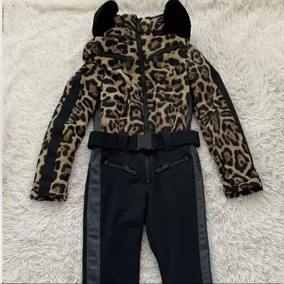 NWT Goldbergh lynx leopard print fur trim down hooded ski suit - Picture 10 of 14